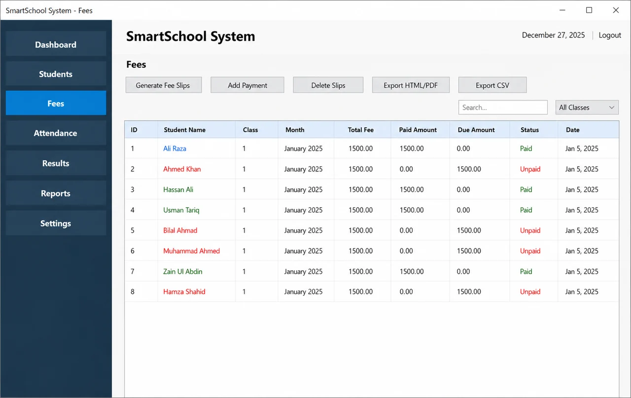 School Management System fee management screen