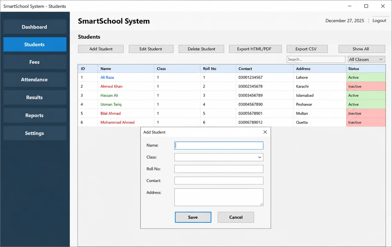 School Management System student records screen